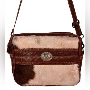 Myra Bag Cow Fur with Turquoise Emblem Leather Shoulder Bag Purse